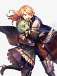  1boy 1girl black_footwear black_legwear blue_legwear boots bow cape ferdinand_von_aegir fire_emblem fire_emblem:_three_houses flayn_(fire_emblem) garreg_mach_monastery_uniform green_eyes green_hair hair_ornament high_heel_boots high_heels highres hug knee_boots long_hair long_sleeves moyashi_mou2 open_mouth orange_eyes orange_hair scabbard sheath sheathed simple_background sword uniform weapon white_background 