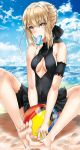  absurdres artoria_pendragon_(all) artoria_pendragon_(swimsuit_rider_alter) ball bangs bare_arms bare_shoulders barefoot beachball black_swimsuit braid breasts cleavage_cutout cloud commentary_request day eyebrows_visible_through_hair fate/grand_order fate_(series) hair_ribbon highres in_mouth kxc7357 looking_at_viewer medium_breasts ocean outdoors ribbon solo swimsuit yellow_eyes 