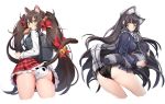  2girls alternate_costume animal_ears animal_print ass bag bangs bell black_hair black_panties blush breasts cat_ears cat_tail cropped_legs earphones eyebrows_visible_through_hair food food_in_mouth from_behind girls_frontline grey_scarf grey_vest hair_bell hair_ornament holding_tail jingle_bell lace lace-trimmed_panties large_breasts long_hair looking_at_viewer looking_back mamemena mouth_hold multiple_girls panties petticoat plaid plaid_skirt pleated_skirt purple_skirt purple_sweater qbz-95_(girls_frontline) qbz-97_(girls_frontline) red_skirt ribbon scarf school_bag shirt simple_background skirt smile sweater tail tail_bell tail_ribbon toast toast_in_mouth twintails underwear very_long_hair vest white_background white_panties white_shirt yellow_eyes 