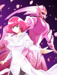  1girl bangs black_legwear breasts cowboy_shot dress gundam gundam_walpurgis haman_karn highres ishiyumi juliet_sleeves long_sleeves looking_at_viewer looking_away mecha medium_breasts pantyhose petals pink_hair puffy_sleeves purple_eyes short_hair side_slit smile syuku_shiki white_dress 