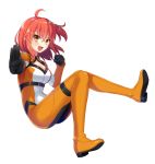  1girl :d ahoge bangs black_gloves bodysuit breasts chaldea_combat_uniform cleavage cleavage_cutout fate/grand_order fate_(series) floating_hair fujimaru_ritsuka_(female) full_body gloves hair_between_eyes large_breasts long_hair looking_at_viewer nakamura_hinato open_mouth orange_bodysuit outstretched_arm red_hair shiny shiny_hair simple_background smile solo white_background yellow_eyes 