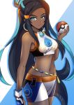  1girl absurdres asymmetrical_gloves bikini bikini_shorts black_hair blue_eyes blue_hair breasts cowboy_shot dark_skin earrings floating_hair gloves groin gym_leader highres holding holding_poke_ball jewelry long_hair looking_at_viewer medium_breasts multicolored_hair navel poke_ball poke_ball_(generic) pokemon pokemon_(game) pokemon_swsh print_bikini rurina_(pokemon) sawwei005 shorts single_glove slit_pupils solo sports_bikini standing swimsuit two-tone_hair very_long_hair 