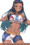  1girl aqua_eyes aqua_hair armband armlet bare_shoulders belly_chain bike_shorts black_hair blush breasts cameltoe commentary cowboy_shot dark_skin earrings english_commentary gloves great_ball grin gym_leader hand_up hands_up holding holding_poke_ball hoop_earrings jewelry long_hair looking_at_viewer medium_breasts midriff multicolored multicolored_eyes multicolored_hair navel orange_eyes pendant poke_ball poke_ball_(generic) pokemon pokemon_(game) pokemon_swsh rurina_(pokemon) shorts sidelocks single_glove skindentation smile solo sportswear stomach swimsuit tankini thore_(nathalukpol) watermark web_address wristband 