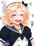  1girl akichin_(atelier_baguri) bangs black_neckwear blonde_hair blue_sailor_collar closed_eyes dress hat janus_(kantai_collection) kantai_collection laughing nipa~ open_mouth parted_bangs sailor_collar sailor_dress sailor_hat short_hair short_sleeves simple_background smile solo twitter_username upper_body white_background white_dress white_headwear 