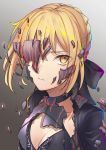  1girl artoria_pendragon_(all) blonde_hair breasts cleavage closed_mouth collarbone eyebrows_visible_through_hair fate/stay_night fate_(series) gradient gradient_background grey_background hair_between_eyes highres looking_at_viewer medium_breasts saber_alter shattering short_hair solo upper_body yangsan_(2991076090) yellow_eyes 