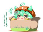  1girl :3 :d absurdres ahoge akashi_(azur_lane) animal_ears azur_lane blush_stickers box cat_ears chibi commentary_request ears_through_headwear green_hair halloween highres in_box in_container kurukurumagical long_sleeves looking_at_viewer notice_lines open_mouth pumpkin_hat sleeves_past_fingers sleeves_past_wrists smile solo translation_request trick_or_treat white_background yellow_eyes 