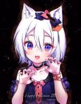  1girl 2019 animal_ears artist_name bangs black_choker blue_dress blue_eyes blue_sleeves blush cat_ears choker claw_pose collarbone commentary_request detached_sleeves dress fangs hair_between_eyes halloween hands_up happy_halloween looking_at_viewer natsumii_chan open_mouth original puffy_short_sleeves puffy_sleeves see-through see-through_sleeves short_sleeves sleeveless sleeveless_dress solo white_hair 