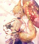 1boy animal_ears backless_outfit bell blonde_hair brown_eyes commentary_request erune fox_boy fox_ears fox_tail granblue_fantasy hair_bell hair_ornament hair_over_one_eye kou_(granblue_fantasy) large_tail looking_at_viewer male_focus open_mouth shigaraki_(strobe_blue) side-tie_legwear sideless_outfit smile solo tail umbrella 