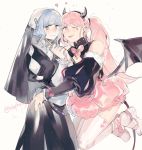  2girls blue_hair brown_eyes closed_mouth cross demon_horns demon_tail demon_wings fake_horns fire_emblem fire_emblem:_three_houses habit halloween_costume highres hilda_valentine_goneril holding horns long_hair long_sleeves marianne_von_edmund multiple_girls nun olopheris one_eye_closed pink_eyes pink_hair puffy_sleeves simple_background tail thighhighs tongue tongue_out twintails twitter_username white_background wings 