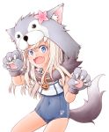  1girl animal_hood blue_swimsuit cosplay covered_navel cowboy_shot dog_hood dog_tail fangs flower gloves hair_flower hair_ornament hood kantai_collection meihemu open_mouth paw_gloves paws ro-500_(kantai_collection) school_swimsuit school_uniform serafuku simple_background skin_fangs sleeveless solo swimsuit swimsuit_under_clothes tail white_background yuudachi_(kantai_collection) yuudachi_(kantai_collection)_(cosplay) 
