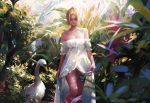  1girl artist_name bare_shoulders bird blonde_hair blue_eyes breasts bug butterfly cleavage day dress g-tz highres insect looking_at_viewer medium_breasts original outdoors short_hair smile solo strapless strapless_dress swan walking white_dress 