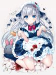  1girl :o apron blood bloody_clothes blue_bow blue_dress blue_legwear blue_ribbon blush bow bowtie breasts cake collared_shirt commentary doily doll_joints dress dress_shirt food fork frilled_apron frills grey_background grey_hair hair_bow hair_ribbon heart long_hair looking_at_viewer maid maid_headdress no_shoes original parted_lips puffy_short_sleeves puffy_sleeves red_neckwear ribbon shirt short_sleeves signature sitting slice_of_cake small_breasts socks soles solo sparkle stitches trick_or_treat twitter_username umino_(umino00) very_long_hair waist_apron wariza white_apron white_shirt 