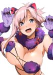  1girl animal_ears bangs bare_shoulders blue_eyes blush bouncing_breasts bow breasts claw_pose cleavage cosplay dangerous_beast earrings elbow_gloves fang fate/grand_order fate_(series) fur-trimmed_gloves fur_collar fur_trim gloves halloween_costume highres jewelry large_breasts long_hair looking_at_viewer mash_kyrielight mash_kyrielight_(cosplay) miyamoto_musashi_(fate/grand_order) o-ring open_mouth pink_hair ponytail purple_gloves revealing_clothes simple_background smile solo swept_bangs tokiwa_midori_(kyokutou_funamushi) unaligned_breasts white_background wolf_ears wolf_girl 