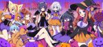  6+girls ahoge alcohol aona_masao bandages black_hair blonde_hair blue_hair bow breasts brown_hair candy cape covered_navel crossed_legs cup demon_horns demon_wings drinking_glass eating elbow_gloves food gloves grey_hair halloween halloween_costume hat horns hoshikawa_lily konno_junko lollipop long_hair minamoto_sakura mizuno_ai multiple_girls nikaidou_saki one_eye_closed paw_gloves paws pumpkin red_hair tail top_hat wine wine_glass wings witch_hat yamada_tae yuugiri_(zombie_land_saga) zombie_land_saga 