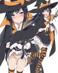  1girl :d animal_ears asashio_(kantai_collection) bangs belt belt_buckle black_cape black_hair black_skirt blush boots bow bow_panties brown_footwear buckle cape cat_ears cat_tail closed_mouth commentary_request eyebrows_visible_through_hair frilled_skirt frills gloves halloween_costume hat hat_bow highres holding kantai_collection kemonomimi_mode lifted_by_self long_hair long_sleeves looking_at_viewer mtu_(orewamuzituda) open_mouth orange_bow orange_legwear panties shirt sidelocks simple_background skirt skirt_lift smile standing standing_on_one_leg striped striped_legwear tail thighhighs underwear white_background white_gloves white_panties white_shirt witch_hat 