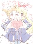  2girls ;d aikatsu! aikatsu!_(series) arisugawa_otome blonde_hair blush bow cheek-to-cheek commentary_request hair_bow hair_ribbon hairband heart heart_hands highres hoshimiya_ichigo hyakuen_raitaa long_hair looking_at_viewer multiple_girls one_eye_closed open_mouth red_eyes ribbon school_uniform skirt smile 