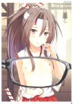  1girl absurdres blush breasts brown_eyes brown_hair eyewear_view glasses headband high_ponytail highres japanese_clothes kanden_suki kantai_collection long_hair looking_at_viewer navel nipples ponytail small_breasts solo torn_clothes twitter_username x-ray_glasses x-ray_vision zuihou_(kantai_collection) 