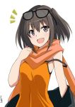  /\/\/\ 1girl alternate_costume artist_name black_hair brown_eyes casual commentary_request eyewear_on_head fang hinase_(jet_hearts) kantai_collection looking_at_viewer orange_scarf orange_tank_top scarf sendai_(kantai_collection) short_hair simple_background skin_fang smile solo spaghetti_strap sunglasses tank_top two_side_up upper_body white_background 