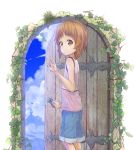  1girl bangs blue_shorts blue_sky brown_eyes brown_hair closed_mouth cloud cloudy_sky commentary_request denim denim_shorts door eyebrows_visible_through_hair from_side girls_und_panzer goripan highres ivy looking_at_viewer nishizumi_miho opening_door partial_commentary pink_shirt shirt short_hair shorts sky smile solo standing tank_top waving younger 