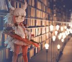  1girl black_hair book bookshelf brown_eyes closed_mouth eyebrows_visible_through_hair head_wings indoors japanese_crested_ibis_(kemono_friends) kemono_friends kolshica library light_bulb long_sleeves looking_at_viewer multicolored_hair pantyhose photo_background red_hair red_legwear red_skirt short_hair skirt solo white_hair 