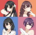  4girls agano_(kantai_collection) aqua_eyes bangs bare_shoulders black_hair blue_background braid breasts brown_hair cleavage closed_mouth collarbone commentary eyebrows_visible_through_hair finger_to_mouth gloves green_eyes hair_between_eyes hair_over_shoulder half-closed_eyes hand_behind_head hands_clasped hands_on_own_shoulders kantai_collection long_hair looking_at_viewer multiple_girls nello_(luminous_darkness) noshiro_(kantai_collection) orange_background own_hands_together parted_lips pink_background ponytail purple_eyes purple_hair red_background red_eyes sakawa_(kantai_collection) shiny shiny_hair short_hair simple_background twin_braids upper_body white_gloves yahagi_(kantai_collection) 