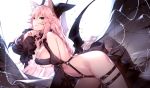  1girl :q animal_ear_fluff animal_ears bangs bare_shoulders bat_wings black_bow black_sleeves black_wings blush bow breasts cleavage commentary_request covered_nipples detached_sleeves eyebrows_visible_through_hair fate/extra fate/grand_order fate_(series) fox_ears fox_girl fox_tail frilled_sleeves frills from_side hair_between_eyes hair_bow large_breasts long_hair looking_at_viewer low_wings navel pink_hair revealing_clothes sidelocks smile solo stomach strap tail tamamo_(fate)_(all) tamamo_no_mae_(fate) thigh_strap tongue tongue_out touwa_nikuman underboob very_long_hair wide_sleeves wings yellow_eyes 