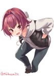  1girl :d black_pants casual ebifurya hair_between_eyes hands_in_pockets highres hood hood_down hooded_track_jacket jacket kantai_collection kinu_(kantai_collection) leaning_forward long_sleeves looking_at_viewer open_mouth pants red_eyes red_hair short_hair smile solo track_jacket twitter_username white_background white_jacket 