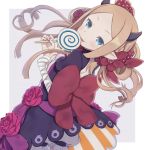  1girl abigail_williams_(fate/grand_order) bandaged_arm bandaged_hands bandages bangs black_dress blue_eyes bow candy commentary_request demon_horns dress dutch_angle fate/grand_order fate_(series) flower food forehead grey_background hair_bow holding holding_food holding_lollipop horns light_brown_hair lollipop long_hair parted_bangs parted_lips pointy_ears puffy_short_sleeves puffy_sleeves red_bow red_flower red_rose rose short_sleeves solo swirl_lollipop tongue tongue_out totatokeke two-tone_background very_long_hair white_background 