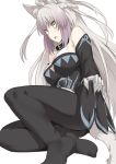  1girl agrius_metamorphosis ahoge animal_ears atalanta_(alter)_(fate) atalanta_(fate) bangs bare_shoulders black_collar breasts cat_ears collar commentary_request eyebrows_visible_through_hair fate/grand_order fate_(series) green_eyes large_breasts long_hair looking_at_viewer no_shoes pantyhose shiseki_hirame silver_hair solo tail very_long_hair 