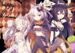  3girls :d animal_ears argyle azur_lane bandage_over_one_eye bandages bandeau bare_shoulders black_bow black_hair black_headwear black_legwear black_skirt bow breasts cape center_opening choker claw_pose cleavage closed_eyes commentary_request detached_sleeves dog_ears ears_through_headwear fang fingernails frills garter_straps ghost hair_bow halloween halloween_costume hand_up happy_halloween hat juliet_sleeves large_breasts loli_ta1582 long_hair long_sleeves looking_at_viewer medium_breasts midriff miniskirt multiple_girls nail_polish navel open_mouth orange_eyes pleated_skirt puffy_short_sleeves puffy_sleeves pumpkin red_eyes sharp_fingernails shigure_(azur_lane) short_sleeves silver_hair single_thighhigh skirt smile stomach thighhighs window witch_hat wolf_ears yukikaze_(azur_lane) yuudachi_(azur_lane) 