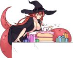  1girl birthday birthday_cake blowing box breasts cake candle dress eyebrows_visible_through_hair food gift gift_box halloween halloween_costume hat lamia large_breasts long_hair miia_(monster_musume) monster_girl monster_musume_no_iru_nichijou navel no_bra open_mouth pointy_ears red_hair rtil scales simple_background solo table tail v-shaped_eyebrows white_background witch_costume witch_hat yellow_eyes 