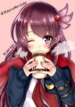  1girl black_jacket brown_hair character_name commentary_request crescent crescent_moon_pin cup drinking fire_maxs highres jacket kantai_collection kisaragi_(kantai_collection) long_hair looking_at_viewer mug neckerchief one_eye_closed pink_background purple_eyes red_neckwear remodel_(kantai_collection) scarf school_uniform serafuku solo steam twitter_username upper_body 