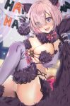  1girl absurdres animal_ears bangs bare_shoulders blush bow breasts cleavage dangerous_beast elbow_gloves eyebrows_visible_through_hair fake_animal_ears fake_tail fang fate/grand_order fate_(series) fur-trimmed_gloves fur-trimmed_legwear fur_collar fur_trim gloves happy_halloween highres large_breasts looking_at_viewer mash_kyrielight navel oota_(monokuro--02) open_mouth pillow pink_bow pink_hair short_hair sitting smile solo tail thighhighs wolf_ears wolf_tail 