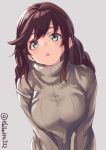  1girl bangs blush braid breasts brown_hair brown_sweater casual ebifurya green_eyes grey_background highres kantai_collection large_breasts long_sleeves looking_at_viewer noshiro_(kantai_collection) open_mouth ribbed_sweater simple_background solo sweater swept_bangs turtleneck turtleneck_sweater twin_braids twitter_username upper_body v_arms 