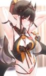  1girl arm_strap armpits arms_up bare_shoulders black_gloves black_hair black_panties blurry blurry_background breasts cleavage commentary_request cowboy_shot demon_girl demon_horns demon_tail demon_wings depth_of_field fingerless_gloves gloves highres horns kfr lingerie long_hair looking_at_viewer medium_breasts multi-strapped_panties navel o-ring o-ring_top original panties pointy_ears ponytail pubic_tattoo red_eyes sidelocks smile solo stomach succubus tail tattoo underwear wings 