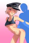  1boy 1girl blonde_hair blue_eyes blush bottomless breasts collarbone doggystyle erica_hartmann eyebrows_visible_through_hair gradient gradient_background hat highres looking_back medium_breasts military_hat navel no_panties one_eye_closed open_mouth pink_background rafale1008 sex shiny shiny_hair shiny_skin short_hair silhouette simple_background smile strike_witches underboob world_witches_series wrist_grab 