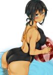  1girl ass ball beachball black_hair black_swimsuit blue_eyes competition_swimsuit cowboy_shot from_behind highres long_hair looking_at_viewer one-piece_swimsuit original simple_background solo standing swimsuit tan tied_hair wading water white_background yuzu_lemon 