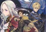  1girl 2boys arrow artist_name blonde_hair blue_cape blue_eyes bow_(weapon) brown_hair cape claude_von_riegan closed_mouth dark_skin dark_skinned_male dimitri_alexandre_blaiddyd edelgard_von_hresvelg fire_emblem fire_emblem:_three_houses garreg_mach_monastery_uniform green_eyes hair_ribbon highres holding holding_bow_(weapon) holding_weapon long_hair long_sleeves multiple_boys parted_lips purple_eyes ribbon short_hair uniform weapon yellow_cape yume_ou 