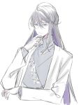  1boy bangs closed_mouth cropped_torso greyscale hair_between_eyes hand_up hypnosis_mic jacket jinguuji_jakurai long_hair long_sleeves looking_at_viewer male_focus meito_(maze) monochrome open_clothes open_jacket partially_colored purple_hair shirt simple_background solo upper_body very_long_hair white_background 