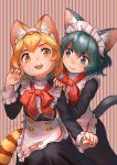  2girls :d absurdres alternate_costume animal_ear_fluff animal_ears apron bangs blonde_hair blue_eyes cat_ears cat_tail commentary enmaided extra_ears fang fang_out green_hair highres kaban_(kemono_friends) kemono_friends kemono_friends_3 kemonomimi_mode long_sleeves looking_at_another maid maid_headdress multiple_girls open_mouth serval_(kemono_friends) serval_ears serval_tail short_hair signature simple_background skin_fang smile striped striped_background striped_tail tail vertical-striped_background vertical_stripes waist_apron welt_(kinsei_koutenkyoku) yellow_eyes 