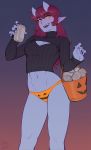  1girl 2019 :d abs absurdres aoi_(ittla) artist_name bangs beer_can black_nails black_sweater blue_skin blush breasts bucket can cleavage_cutout commentary english_commentary eyebrows_visible_through_hair gradient gradient_background groin hair_between_eyes halloween highres holding holding_can ittla jack-o&#039;-lantern_print long_hair long_sleeves looking_at_viewer midriff navel no_pants oni oni_horns open_mouth orange_eyes orange_panties original panties print_panties red_hair ribbed_sweater sharp_teeth simple_background slit_pupils smile solo sweater teeth thick_eyebrows turtleneck turtleneck_sweater underwear 