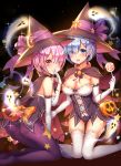  2girls ass bangs blue_eyes blue_hair blue_ribbon blush bow breasts cat_tail cleavage commentary_request elbow_gloves eyebrows_visible_through_hair eyes_visible_through_hair ghost gloves hair_ornament hair_over_one_eye hair_ribbon halloween hat highres kneeling large_bow large_breasts looking_at_viewer medium_breasts multiple_girls orange_bow pantyhose pink_eyes pink_hair pumpkin purple_bow purple_legwear queencho ram_(re:zero) re:zero_kara_hajimeru_isekai_seikatsu red_eyes rem_(re:zero) revealing_clothes ribbon short_hair siblings sisters smile tail thighhighs trick_or_treat twins white_gloves white_legwear witch witch_hat x_hair_ornament 