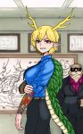  1girl alternate_costume blonde_hair blue_shirt business_suit check_commentary commentary_request dragon_horns dragon_tail ear_clip formal formicid horns irezumi kicchou_yachie korean_commentary necktie otter_spirit_(touhou) shirt suit tail tattoo touhou yakuza 