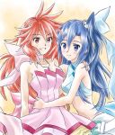  2girls amou_kanade blue_eyes blue_hair breasts closed_mouth commentary_request dress kazanari_tsubasa link_(aa30) long_hair multiple_girls one_side_up open_mouth red_eyes red_hair senki_zesshou_symphogear smile 