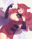  1girl animal_ears blush breasts cat_ears cybernetic_eye dress drill_hair elbow_gloves gloves large_breasts long_hair nipples open_mouth red_eyes red_hair solo stella_hoshii torn_clothes va-11_hall-a y_(35504109) 