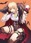  1girl :d alcohol armored_boots ascot bangs bat bat_hair_ornament black_gloves blonde_hair blush boots cape commentary cup drinking_glass english_commentary eyebrows_visible_through_hair fang finger_to_mouth flugel_(kaleido_scope-710) fur-trimmed_cape fur_trim girls_frontline glint gloves green_eyes gun hair_ornament half_gloves halloween highres holding holding_cup holster knee_boots long_hair long_sleeves looking_at_viewer o-ring one_knee open_mouth orange_background red_cape shirt simple_background smile solo sparkle thigh_holster thigh_strap thighs vampire weapon welrod_mk2_(girls_frontline) white_neckwear white_shirt wine wine_glass wristband 