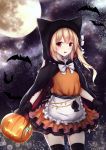  1girl :d animal animal_ears animal_hood apron bangs bat black_bow black_cape black_gloves black_legwear blush bow cape commentary crystal english_commentary eyebrows_visible_through_hair fake_animal_ears flandre_scarlet frilled_apron frills full_moon gloves glowing halloween halloween_basket highres holding hood hood_up hooded_cape kashiwagi_yamine light_brown_hair long_hair looking_at_viewer moon night night_sky one_side_up open_mouth orange_shirt orange_skirt pleated_skirt red_eyes shirt skirt sky smile solo star_(sky) starry_sky thighhighs touhou waist_apron white_apron white_bow wings 
