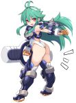  1girl antenna_hair arm_shield armored_boots ass bangs bare_shoulders blue_legwear boots eyebrows_visible_through_hair full_body green_hair hair_between_eyes hairband highres holding karukan_(monjya) leotard long_hair looking_at_viewer looking_back outstretched_arm red_eyes shinrabanshou shizuku_(shinrabanshou) sidelocks simple_background solo spikes standing thighhighs very_long_hair white_background white_hairband white_leotard 