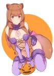  1girl animal_ear_fluff animal_ears bangs blush breast_tattoo breasts brown_hair closed_mouth cosplay dangerous_beast elbow_gloves eyebrows_visible_through_hair fate/grand_order fate_(series) fur-trimmed_gloves fur-trimmed_legwear fur_collar fur_trim gloves halloween halloween_costume highres jack-o&#039;-lantern kusubii large_breasts long_hair looking_at_viewer mash_kyrielight mash_kyrielight_(cosplay) navel o-ring o-ring_top purple_gloves purple_legwear raccoon_ears raccoon_girl raccoon_tail raphtalia revealing_clothes smile solo tail tate_no_yuusha_no_nariagari tattoo thighhighs very_long_hair wolf_ears wolf_tail 