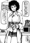  1girl 2019 ashtray breasts calendar_(object) cigarette commentary_request cup freckles greyscale hand_in_pocket hatching_(texture) hello_kitty kettle large_breasts long_coat messy_hair microwave miniskirt monochrome mug nicetack open_mouth original skirt smile solo translation_request 